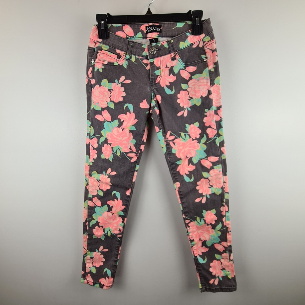 Celebrity Blues Womens Floral Skinny Jeans Gray Pink Low Rise Stretch Size 1 Y2K